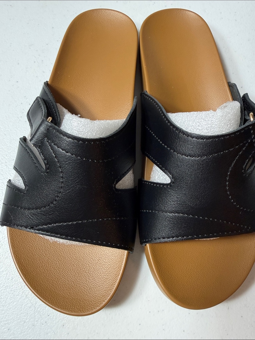 Women's Black Slide Mules with Tan Footbed